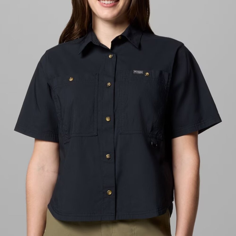 NEW Columbia Brea Falls Short Sleeve Woven Crop Mesh Vented Yoke Back Shirt Top